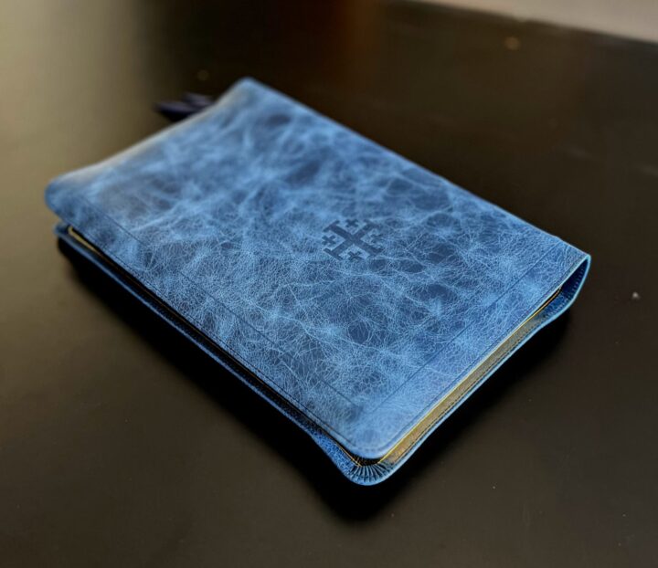 Schuyler Canterbury KJV, Full Yapp Marbled Sapphire Calfskin Bible – PREORDER